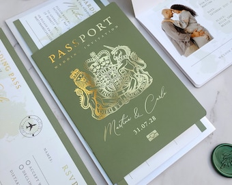 Colour Passport Wedding Invitation, Boarding Pass RSVP, Destination Wedding, Travel Wedding, Plane Ticket Invite, Foil