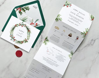 Christmas Wedding Invitation, Winter Wedding Invitations, Luxury Trifold Wedding Invitations & Save the Date. Holly, berries, xmas