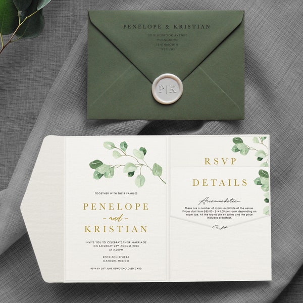 Penelope - Greenery wedding invitations. Wedding invitation - Eucalyptus Wedding. Greenery wedding. Pocket fold. Pocket-fold. Pocketfold