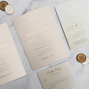 Kimberly Foiled Wedding Invitation. Shimmery card and Gold Foil invite text. RoseGold or Silver foil available. Tonal