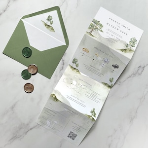 Waldhochzeitseinladung. Hochzeit am Berg. Dreifaltige Einladung. Nebliger Wald. Hochzeit im Freien. Landhochzeit. Rustikal