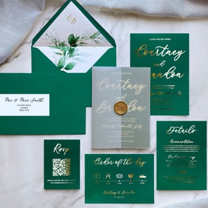Smaragdgroene huwelijksuitnodiging - smaragdgroene bruiloft, bosgroen, jagersgroen. Goud-, zilver- of roségoudfolie. Groene en gouden bruiloft