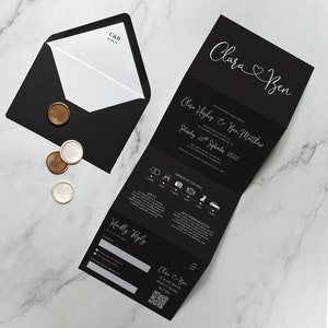 Clara Black Hochzeitseinladung. Luxus Hochzeitseinladung. Hochzeit lädt mit Text ein. Schwarz & Weiß. Schwarz und weiß
