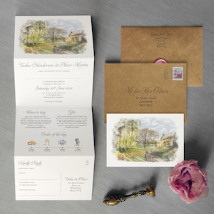 Venue Painting Concertina Wedding Invitations & Save the Date. Custom venue, custom timeline, watercolour watercolor wedding invitation image 1