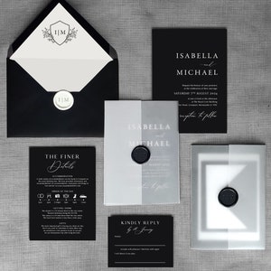 Hochzeitseinladung Black & white Einladung. Weiße Schrift auf Schwarz. Einfarbiges Hochzeitseinladungs Set. Traditionelle moderne Klassiker.