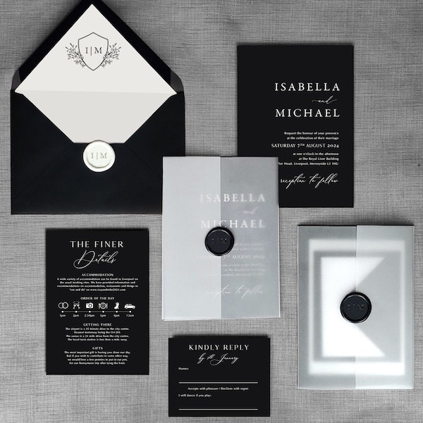 Wedding Invitation Black & white invitation. White lettering on black. Monochrome wedding invitation set. Traditional Modern Classic.