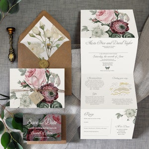 Bloom Concertina Wedding Invitation - Trifold wedding invitation, rustic garden wedding invitation, Save the Date, Calendar, rustic twine