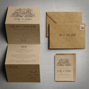 Invitación de boda - Venue Sketch Kraft - Invitaciones de boda y reserva la fecha o cambia la fecha. Tarjeta marrón Kraft y boceto personalizado del lugar