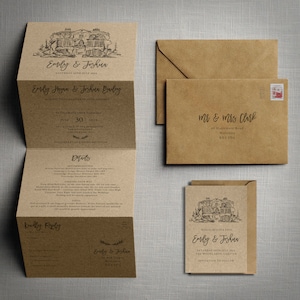 Wedding invitation - Venue Sketch Kraft - Wedding Invitations & Save the Date or change the date. Kraft brown card and custom venue sketch