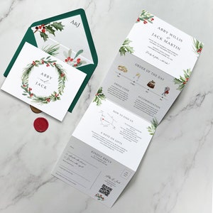 Christmas Wedding Invitation, Winter Wedding Invitations, Luxury Trifold Wedding Invitations & Save the Date. Holly, berries, xmas