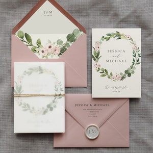 Wedding Invitation - Jessica. Greenery Wreath with Pink Flowers. Eucalyptus and Blush pink florals. With rustic twine and vellum wrap