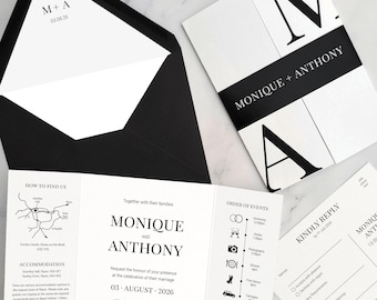 モニークの結婚式招待状 - タイムライン付きの白黒折りたたみ式招待状。腹帯付き。モノクロの結婚式招待状セット