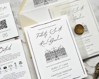 Amour Black & White Venue Custom Sketch wedding Invitation. Classic Neutral Parisian, French Chateau, Monochrome, Custom Venue Illustration