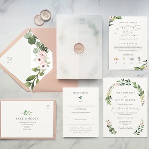 Faye-huwelijksuitnodiging. Roze bloemenkaarten. Uitnodigingsset met roze bloemen. Met velumomslag. Op luxe structuurkaart