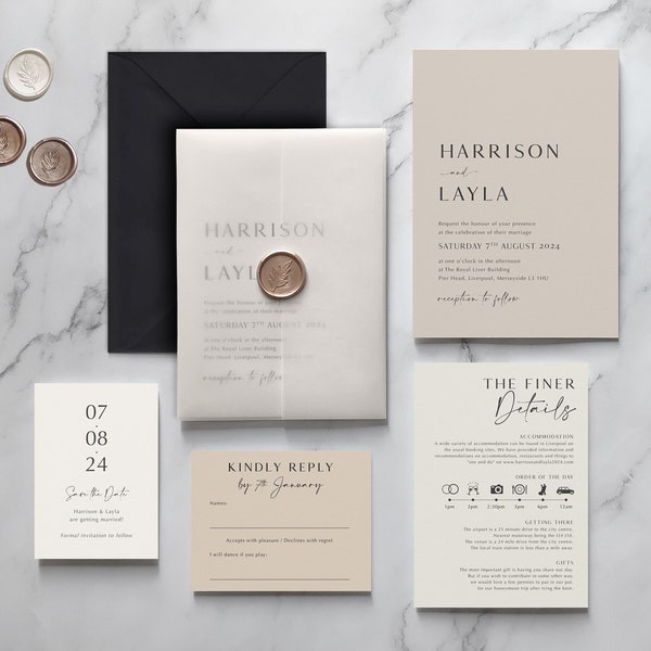 Wedding Invitation & Save the Date. Neutral invitation set. Tonal invitation. With velum wrap. On luxury textured card