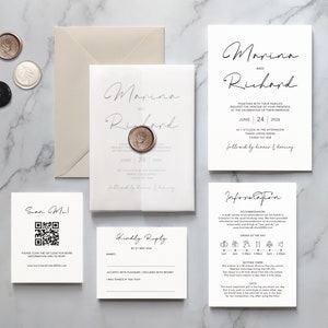 Marina Wedding Invitation & Save the Date. Neutral invitation set. White invites. With velum wrap. On luxury textured card. Simple invite