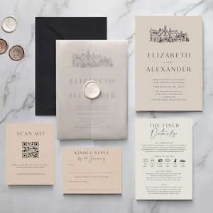 Elizabeth Hochzeitseinladung & Save the Date. Neutrales Einladungsset. Tonale Veranstaltungsort-Skizzeneinladung. velum verpackung. Auf edler Strukturkarte