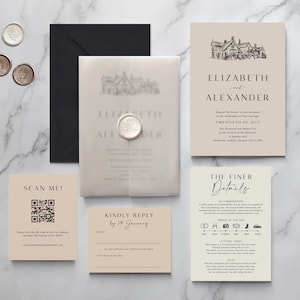 Elizabeth Wedding Invitation & Save the Date. Neutral invitation set. Tonal venue sketch invitation. velum wrap. On luxury textured card