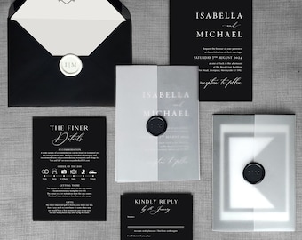Black wedding Invitation Black & white invitation. White lettering on black. Monochrome wedding invitation set. Traditional Modern Classic.