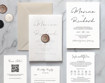 May include: A wedding invitation suite featuring a white card with black text for Marina and Richard, a translucent vellum wrap with a bronze wax seal, a QR code card, a reply card, and an information card with a timeline and icons.