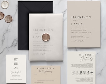 Wedding Invitation & Save the Date. Neutral invitation set. Tonal invitation. With velum wrap. On luxury textured card