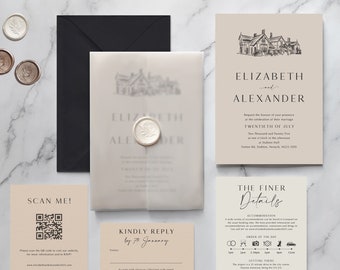 Elizabeth Wedding Invitation & Save the Date. Neutral invitation set. Tonal venue sketch invitation. velum wrap. On luxury textured card