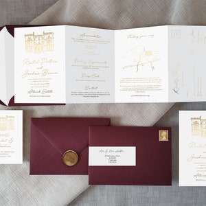 Foiled Venue Wedding Invitation & Save the Date. Custom venue sketch, custom map, foiled venue, folding wedding invitation