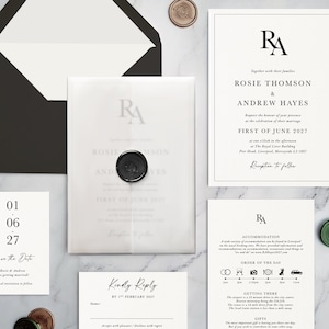 Inviti per matrimonio Monogramma e Save the Date. Set di inviti monocromatici. Con invito spesso in cartone di lusso e involucro in velina, bianco e nero