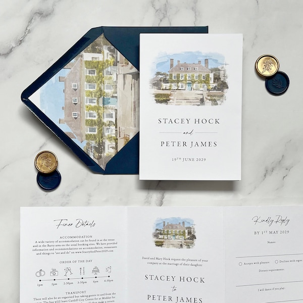 Trouwuitnodigingen en Save the Date-kaarten met schilderij van de trouwlocatie. Aquarel uitnodiging voor de locatie. Luxe kaart met textuur. Illustratie van de trouwlocatie op maat.