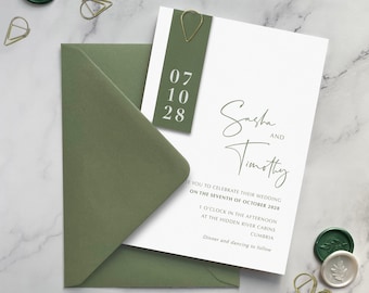 Sasha Paperclip Wedding Invitation. Gold Metal Teardrop clip. Contemporary Minimalist Sage wedding invite. Modern Eclectic clean design.