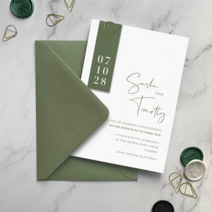 Sasha Paperclip Wedding Invitation. Gold Metal Teardrop clip. Contemporary Minimalist Sage wedding invite. Modern Eclectic clean design.