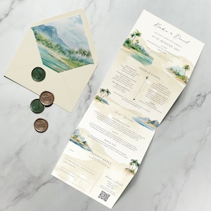 Tropische Hochzeitseinladung. Luxus-Schimmer-Konzertina-Hochzeit einladen. Elegantes Strand, Ozean Aquarell, Urlaubsziel, im Ausland, Hochzeit.