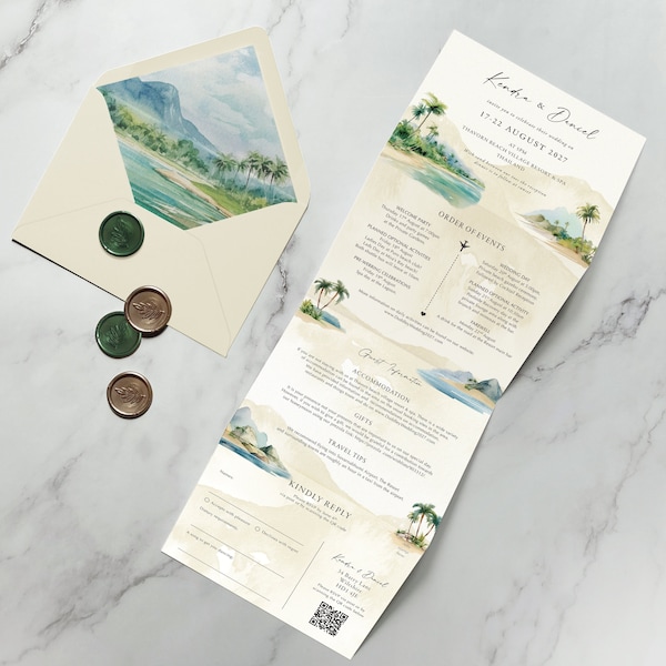 Tropical Wedding invitation. Luxury Shimmer Concertina Wedding Invite. Elegant Beach, Ocean, Destination, Abroad, Palm Tree, Island wedding.