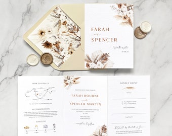 Faire-part de mariage Farah fleurs séchées. Faire-part de mariage bohème. Mariage bohème en sourdine. Herbe de la pampa séchée, invitation rustique terreuse neutre