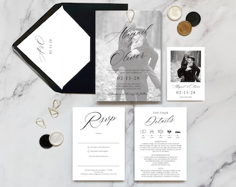Abigail Schwarz Foto Hochzeitseinladung. Hochzeit lädt ein. Verlobungs Foto Einladungen. Klassische schlichte minimalistische Hochzeitseinladungen.