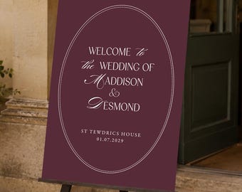 Burgundy Personalised Welcome Wedding Sign, Guest Reception Decor, Modern Luxury