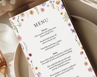 Wildflower Wedding Menu Card, Pressed Floral Design