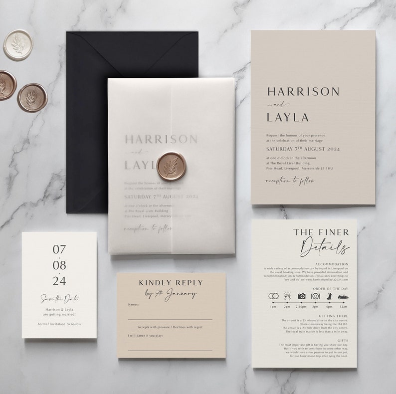 Wedding Invitation & Save the Date. Neutral invitation set. Tonal invitation. With velum wrap. On luxury textured card image 1