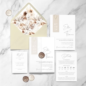 Juego de invitación de boda Ella y reserva de fecha. Invitación en tonos neutros, envoltorio de papel vitela, tarjeta con textura de lujo y clip de lágrima de metal dorado
