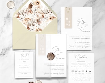 Neutral Wedding Invitation Set, Vellum Wrap, Gold Clip. 'Ella' theme