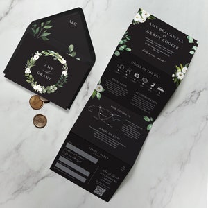 Black Floral & Greenery. Luxury Black Wedding Invitation. Greenery Wedding Invites with white flowers. Eucalyptus, twine