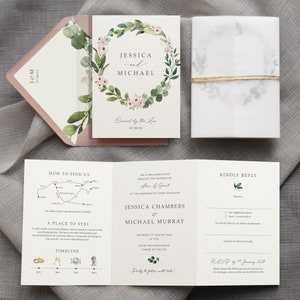 Wedding Invitation Jessica. Greenery Wreath with Pink Flowers. Eucalyptus and Blush pink florals. With rustic twine and vellum wrap zdjęcie 2