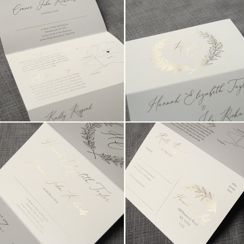 May include: A white wedding invitation suite featuring gold foil lettering and botanical wreath accents. The set includes a folded card with event details, a map, and a response postcard with lines for guest names and dietary requirements.