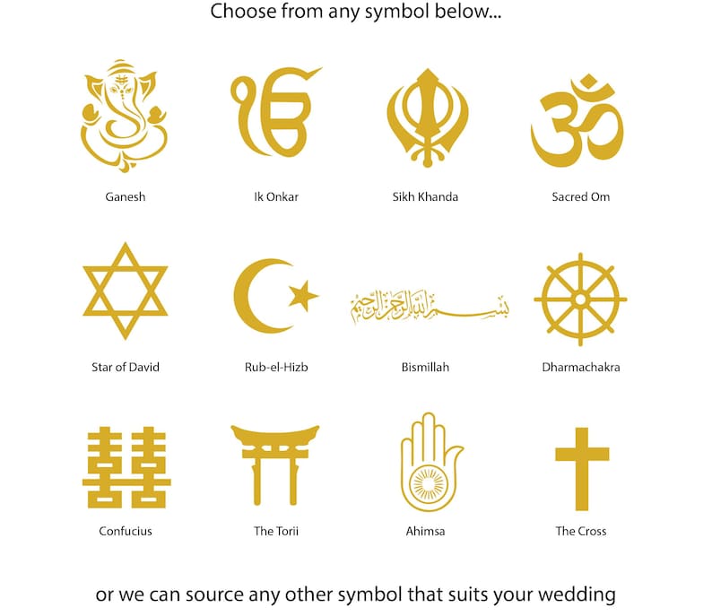 May include: A chart with 12 different religious and cultural symbols, including Ganesh, Ik Onkar, Sikh Khanda, Sacred Om, Star of David, Rub-el-Hizb, Bismillah, Dharmachakra, Confucius, The Torii, Ahimsa, and The Cross. The symbols are all gold in color and are arranged in a grid.