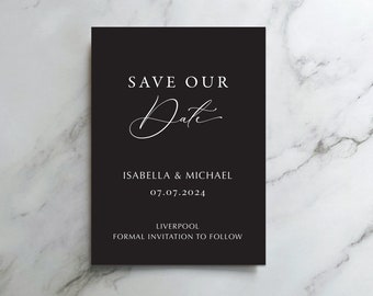 Black & white save the date. White lettering on black. Monochrome save the date. Traditional Modern Classic save the date