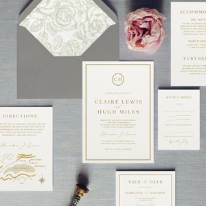 Buckingham Luxus-Hochzeitseinladungen & Save the Date -Traditionelle Hochzeitseinladungen, Monogrammdetails für einen edlen Anlass