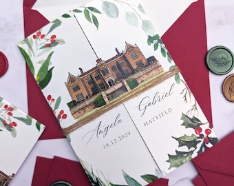 Angela Wedding Invitations. Christmas Wedding Invitation, Festive Wedding invites, Venue Illustration invite Gatefold with Holly