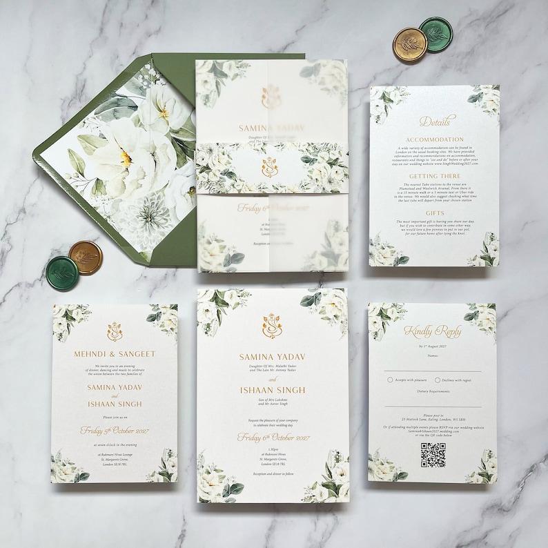 May include: Wedding invitation suite with green and white floral designs. The invitation cards feature the names "Samina Yadav" and "Ishaan Singh" with the date "Friday 6th October 2022".