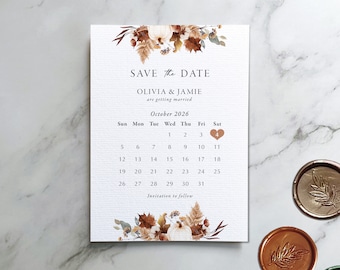 Pumpkin Autumn Calendar Save the Date or Change the Date. Rustic leaves, Fall save the date, Autumn save the date, Halloween Wedding date