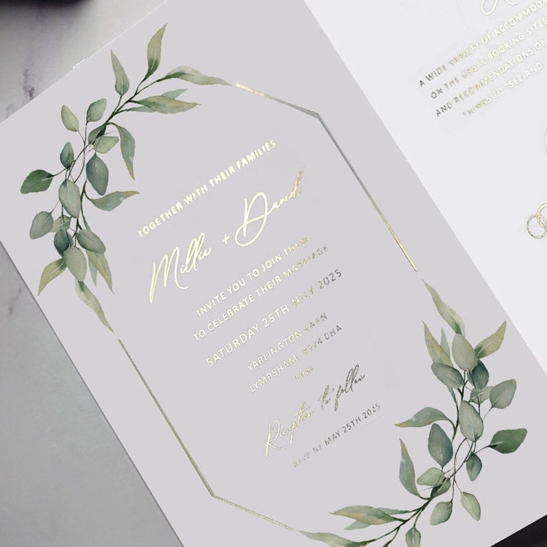 Wedding Invitation Foil & Greenery. Foliage wedding invites, Save the Date, bellyband, vellum image 3